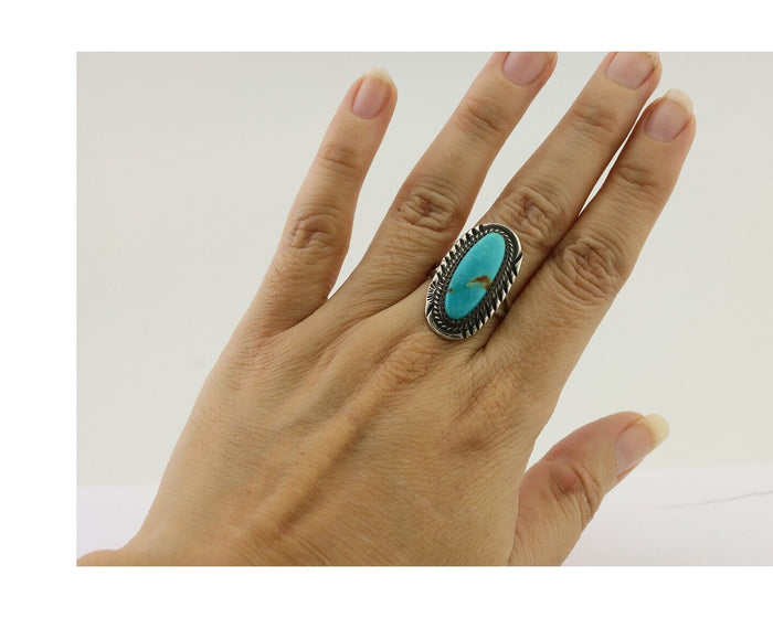 Navajo Ring 925 Silver Natural Kingman Turquoise Signed USA C.80's