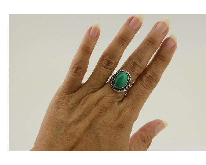 Navajo Ring 925 Silver Natural Malachite Native American Artist C.80's
