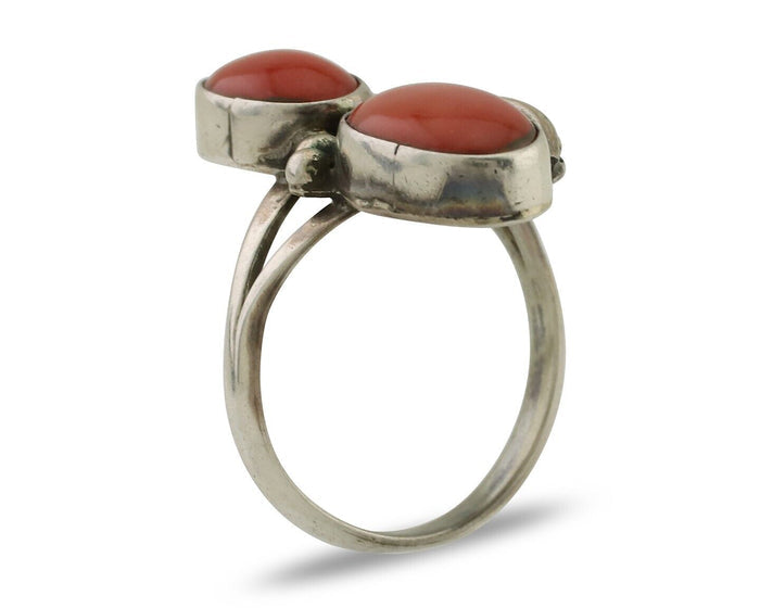 Navajo Ring 925 Silver Natural Mediterranean Coral Artist Signed A C.80's