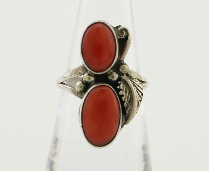 Navajo Ring 925 Silver Natural Mediterranean Coral Artist Signed A C.80's