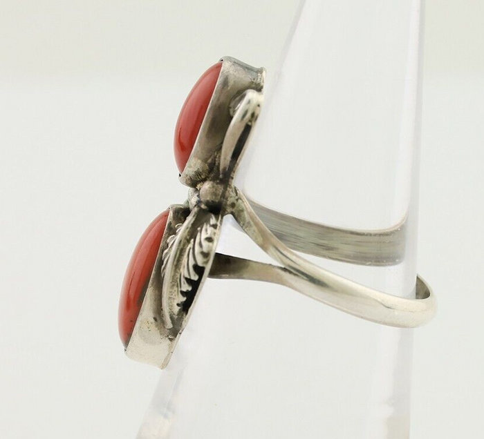 Navajo Ring 925 Silver Natural Mediterranean Coral Artist Signed A C.80's