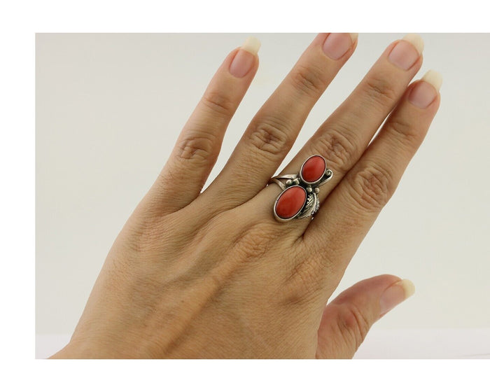 Navajo Ring 925 Silver Natural Mediterranean Coral Artist Signed A C.80's