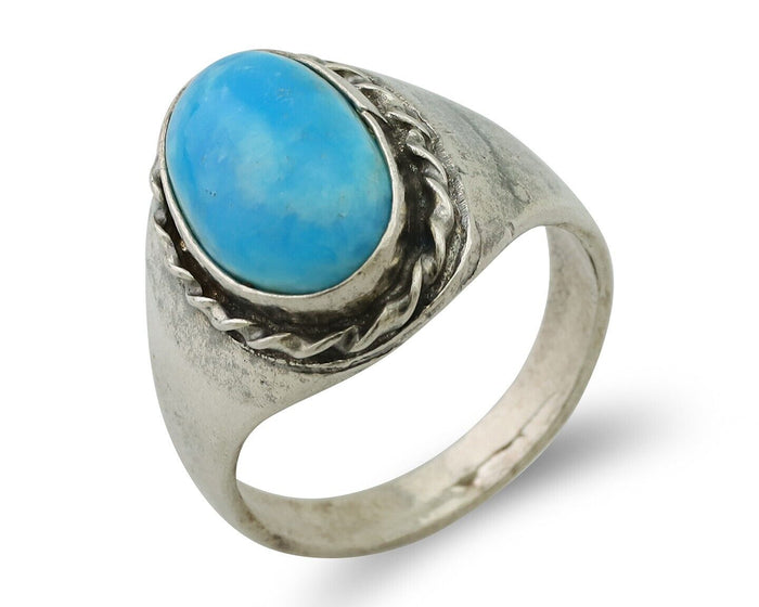 Navajo Ring 925 Silver Natural Mined Blue Turquoise Native American Artist C80s