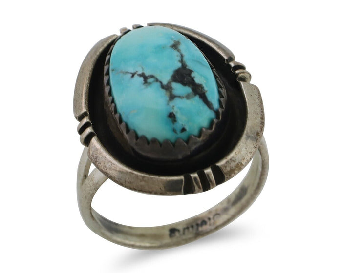 Navajo Ring 925 Silver Natural Mined Blue Turquoise Native American Artist C80s