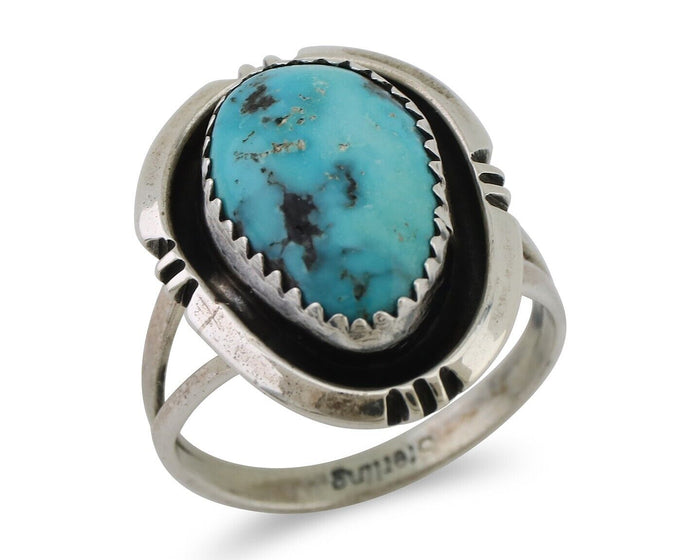 Navajo Ring 925 Silver Natural Mined Blue Turquoise Native American Artist C80s