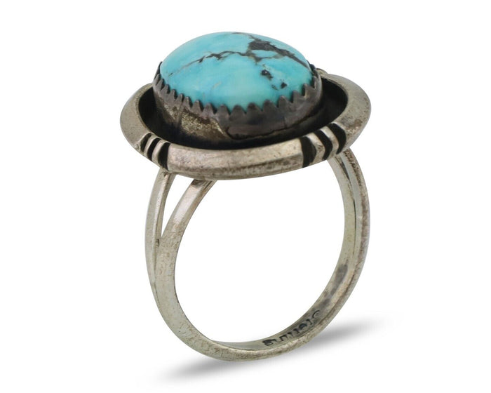 Navajo Ring 925 Silver Natural Mined Blue Turquoise Native American Artist C80s