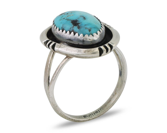 Navajo Ring 925 Silver Natural Mined Blue Turquoise Native American Artist C80s