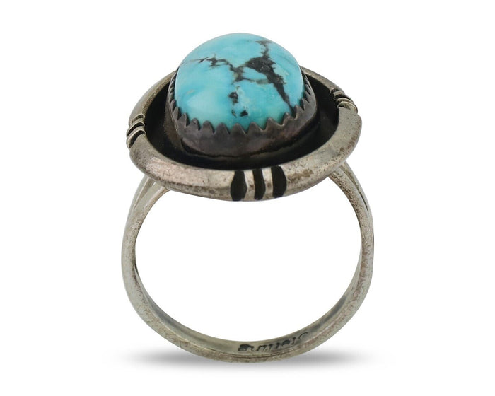 Navajo Ring 925 Silver Natural Mined Blue Turquoise Native American Artist C80s