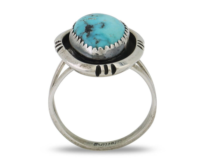 Navajo Ring 925 Silver Natural Mined Blue Turquoise Native American Artist C80s