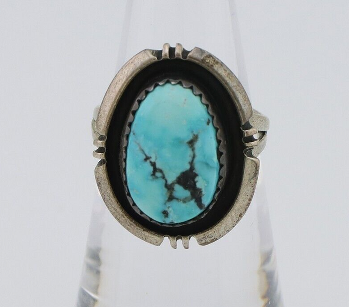 Navajo Ring 925 Silver Natural Mined Blue Turquoise Native American Artist C80s