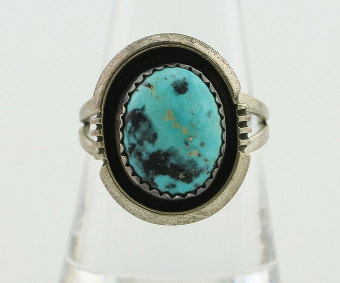 Navajo Ring 925 Silver Natural Mined Blue Turquoise Native American Artist C80s