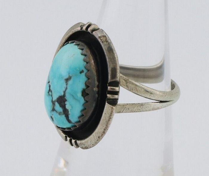 Navajo Ring 925 Silver Natural Mined Blue Turquoise Native American Artist C80s