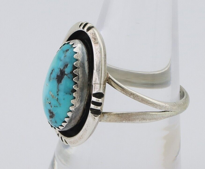 Navajo Ring 925 Silver Natural Mined Blue Turquoise Native American Artist C80s