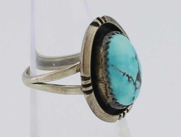 Navajo Ring 925 Silver Natural Mined Blue Turquoise Native American Artist C80s