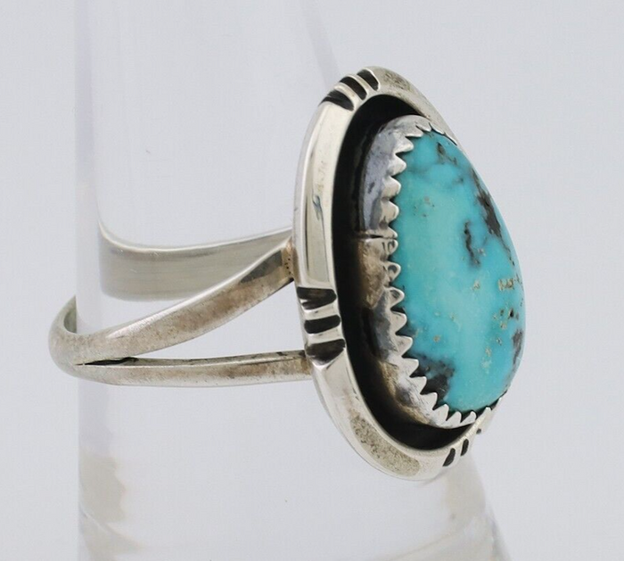 Navajo Ring 925 Silver Natural Mined Blue Turquoise Native American Artist C80s