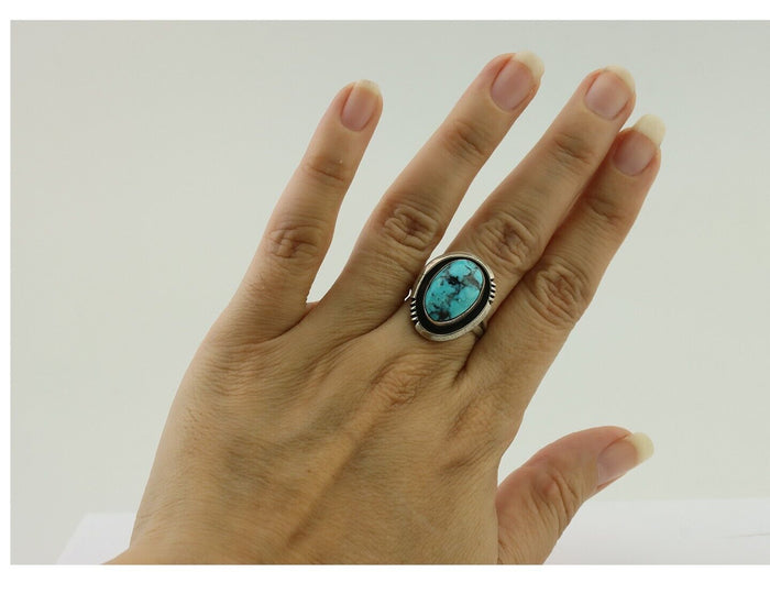 Navajo Ring 925 Silver Natural Mined Blue Turquoise Native American Artist C80s