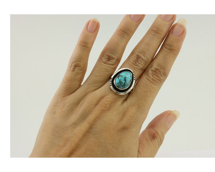 Navajo Ring 925 Silver Natural Mined Blue Turquoise Native American Artist C80s