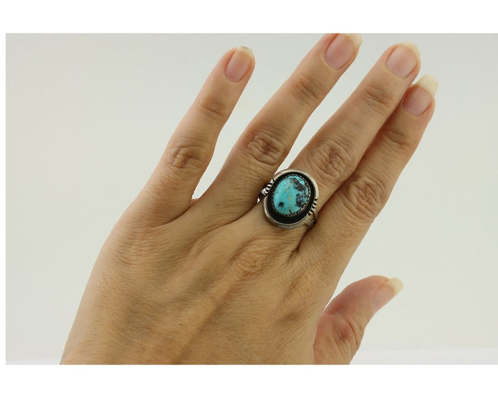Navajo Ring 925 Silver Natural Mined Blue Turquoise Native American Artist C80s