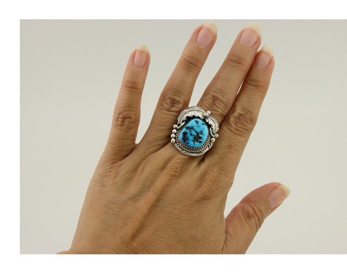 Navajo Ring .925 Silver Natural Slab Turquoise Artist Signed M. S. C.80's