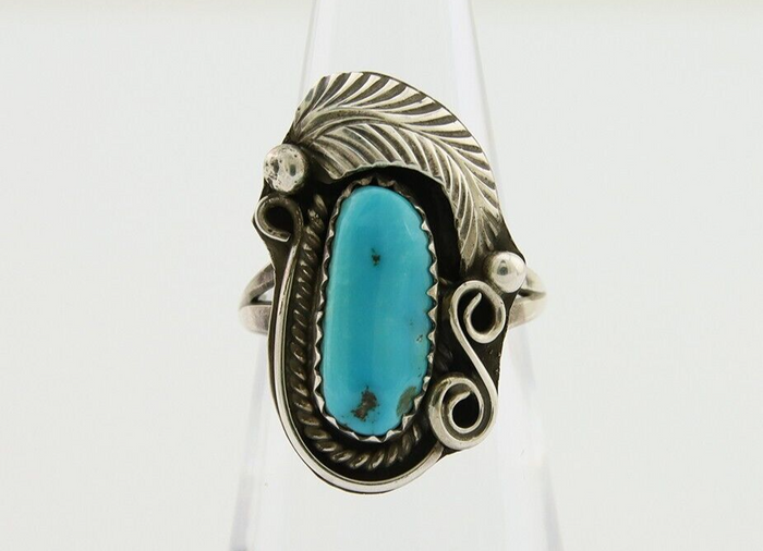 Navajo Ring .925 Silver Natural Slab Turquoise Signed Justin Morris C.80's