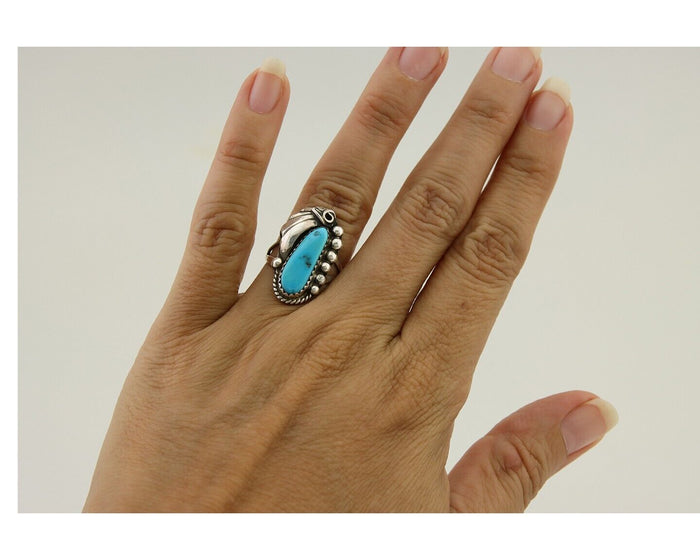 Navajo Ring .925 Silver Natural Slab Turquoise Signed Justin Morris C.80's