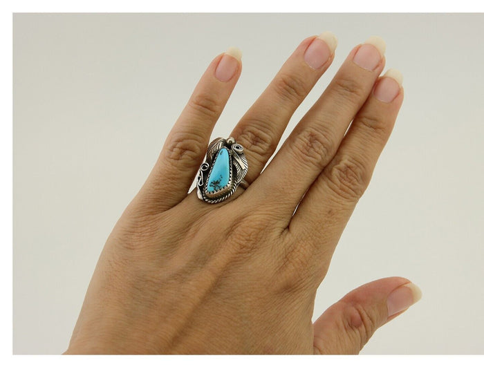 Navajo Ring .925 Silver Natural Slab Turquoise Signed Justin Morris C.80's