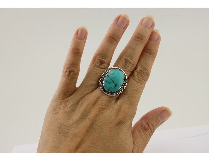 Navajo Ring 925 Silver Natural Spiderweb Turquoise Native Artist C.80's