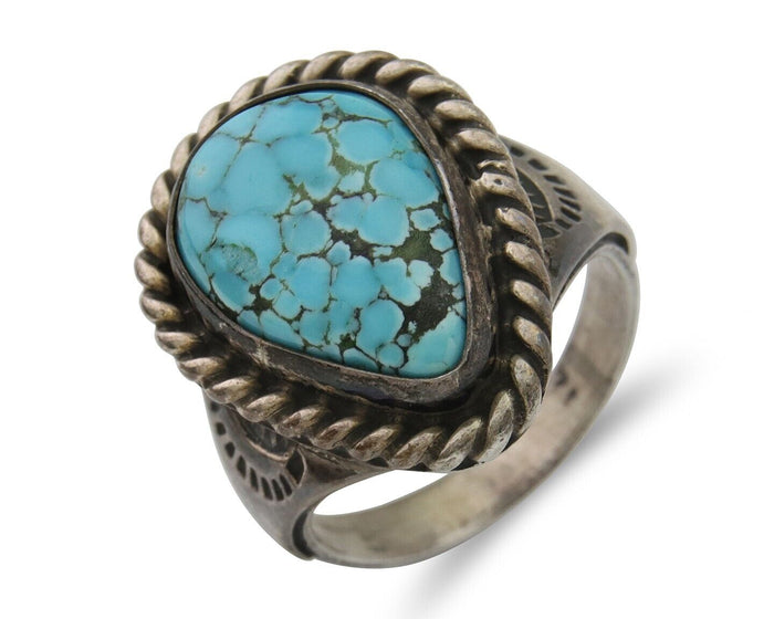 Navajo Ring 925 Silver Natural Spiderweb Turquoise Signed C.80's Size 7.25