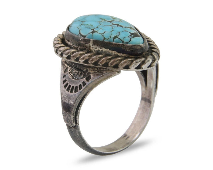 Navajo Ring 925 Silver Natural Spiderweb Turquoise Signed C.80's Size 7.25