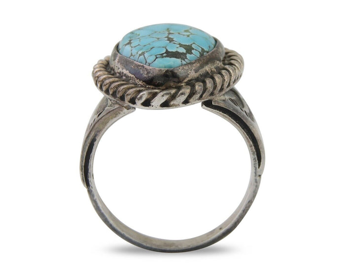 Navajo Ring 925 Silver Natural Spiderweb Turquoise Signed C.80's Size 7.25