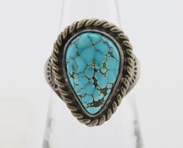 Navajo Ring 925 Silver Natural Spiderweb Turquoise Signed C.80's Size 7.25