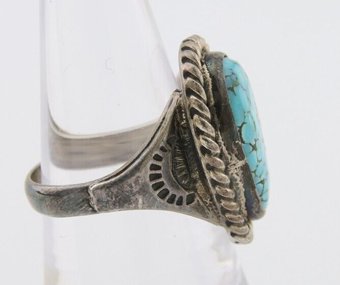 Navajo Ring 925 Silver Natural Spiderweb Turquoise Signed C.80's Size 7.25