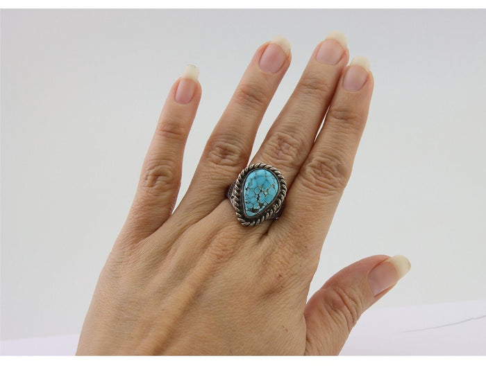 Navajo Ring 925 Silver Natural Spiderweb Turquoise Signed C.80's Size 7.25