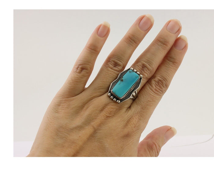 Navajo Ring 925 Silver Natural Turquoise Artist Signed D C.80's