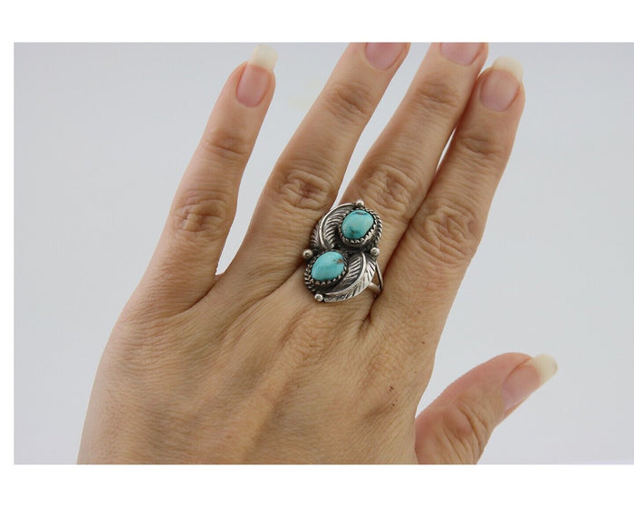 Navajo Ring 925 Silver Natural Turquoise Artist Signed MC C.80's Size 7.5