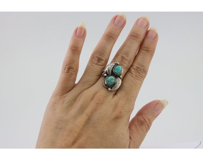 Navajo Ring 925 Silver Natural Turquoise Artist Signed MC C.80's Size 7.5