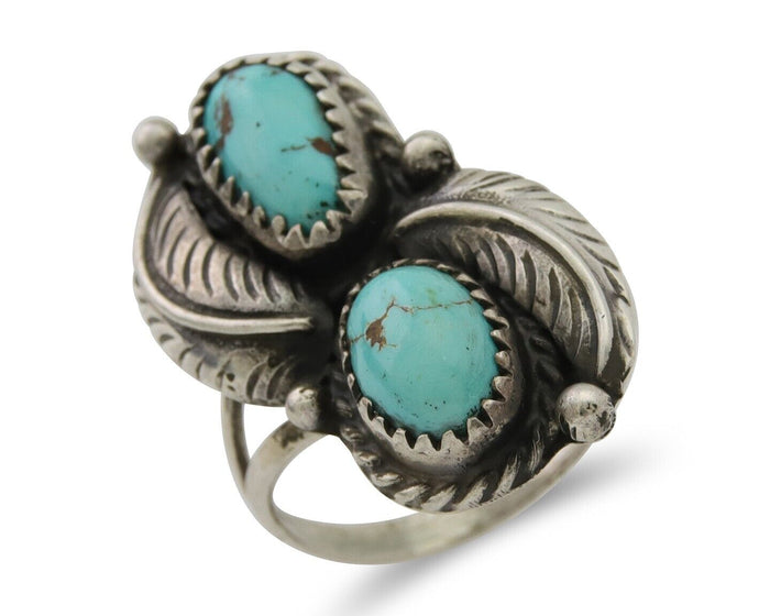 Navajo Ring 925 Silver Natural Turquoise Artist Signed MC C.80's Size 8.0