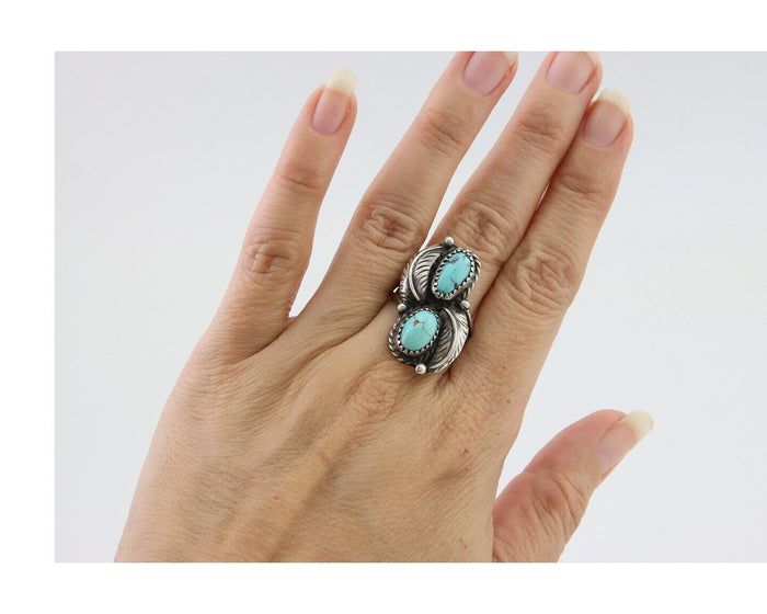 Navajo Ring 925 Silver Natural Turquoise Artist Signed MC C.80's Size 8.0