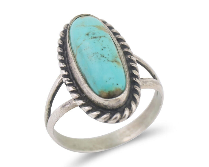 Navajo Ring 925 Silver Natural Turquoise Artist Signed Rabbit Stick C.80's