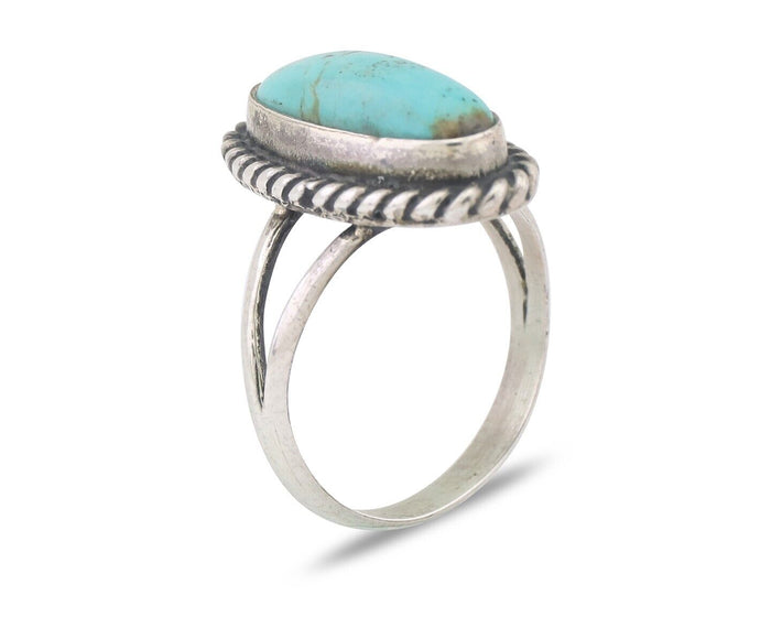 Navajo Ring 925 Silver Natural Turquoise Artist Signed Rabbit Stick C.80's