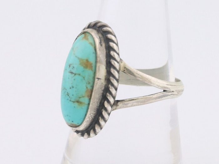Navajo Ring 925 Silver Natural Turquoise Artist Signed Rabbit Stick C.80's