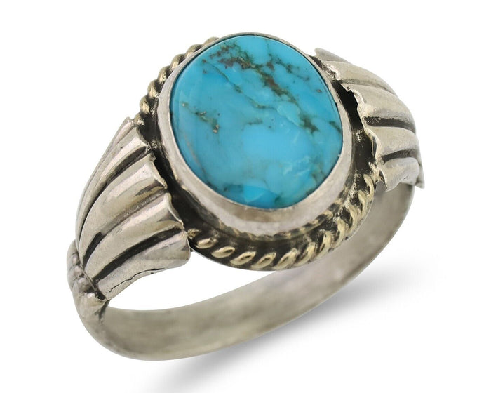 Navajo Ring 925 Silver Natural Turquoise Native American Artist C.80's Size 8.0
