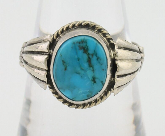 Navajo Ring 925 Silver Natural Turquoise Native American Artist C.80's Size 8.0