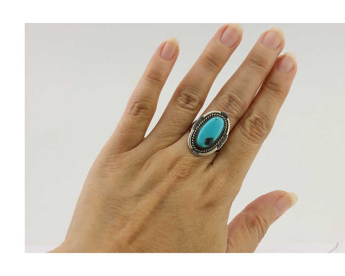 Navajo Ring 925 Silver Natural Turquoise Native American Artist C.80's
