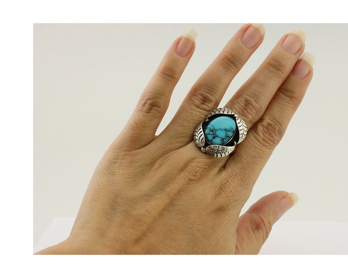 Navajo Ring 925 Silver Natural Turquoise Native American Artist C.80's