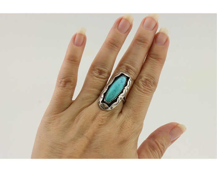Navajo Ring 925 Silver Natural Turquoise Native American Artist Size 6.75 C.80's