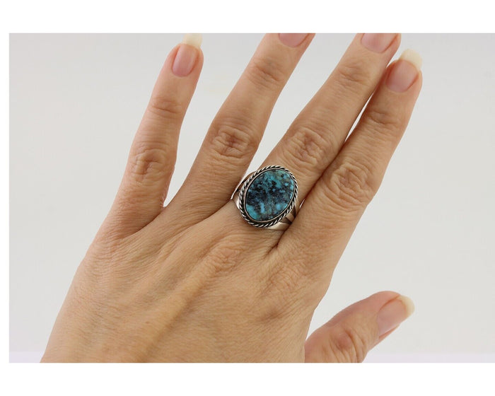 Navajo Ring 925 Silver Natural Turquoise Native American Artist Size 7.25 C.80's