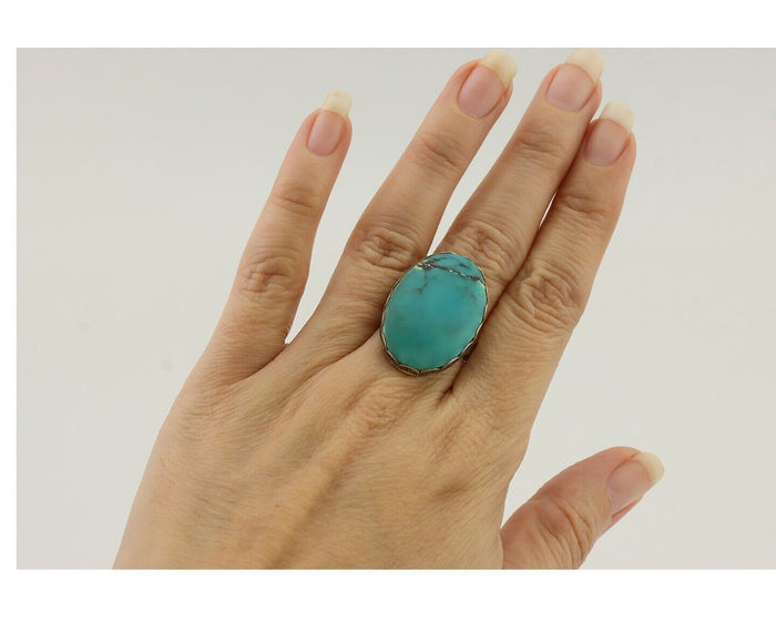 Navajo Ring 925 Silver Natural Turquoise Signed C STAR Size 6.25 C.80's