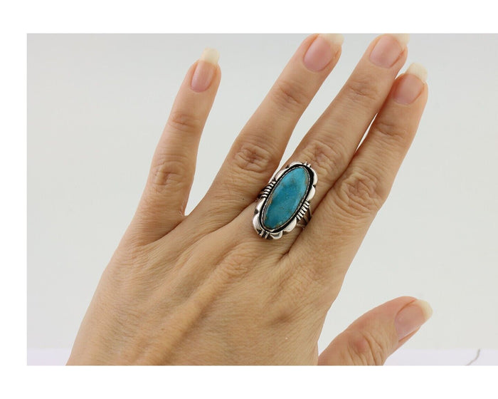 Navajo Ring 925 Silver Natural Turquoise Signed L Yazzie Size 6.25 C.80's