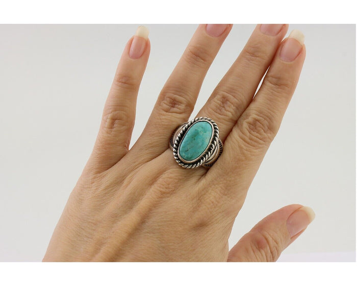 Navajo Ring 925 Silver Natural Turquoise Signed M Montoya Size 8.25 C.80's